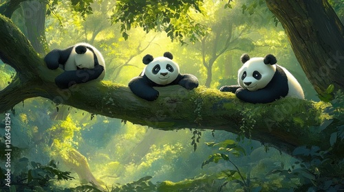 Three Pandas Resting on Jungle Branch photo