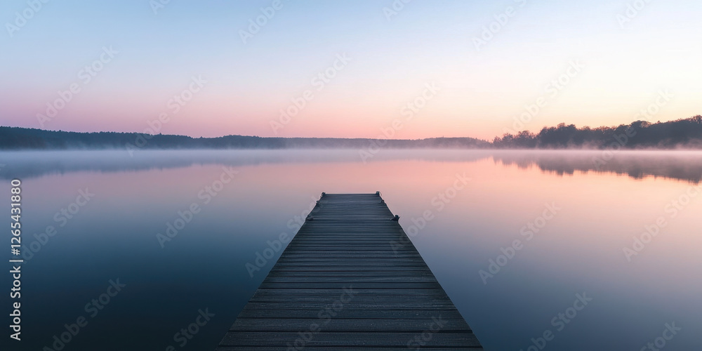 A long wooden dock extends across a calm lake at dawn, surrounded by trees and mist, showcasing tranquil beauty in early morning light A long wooden dock extends across a calm lake at dawn, surrounded by trees and mist, showcasing tranquil beauty in early morning light