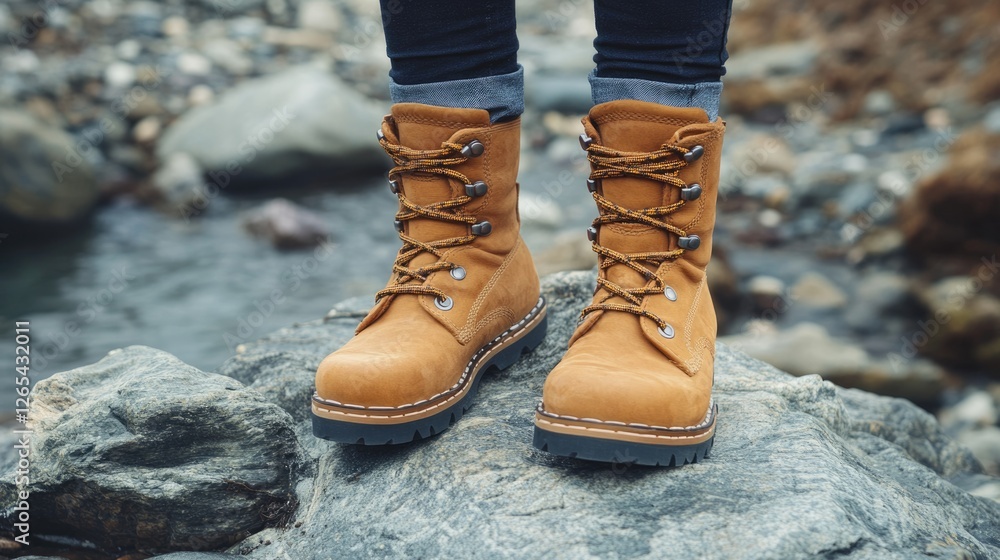 Stylish hiking boots on rocky terrain by a stream Stylish hiking boots on rocky terrain by a stream