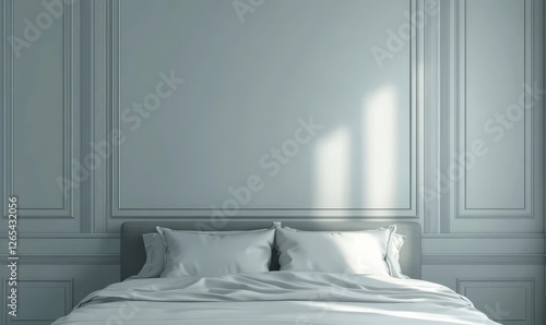 A contemporary mock-up of a bedroom interior, featuring cozy design elements and a wooden wall texture, rendered in 3D