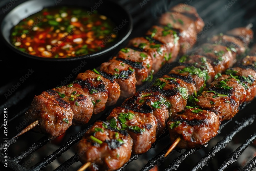 Delicious bbq pork skewers grilling with spicy dipping sauce Delicious bbq pork skewers grilling with spicy dipping sauce