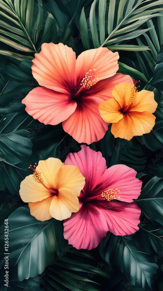 custom made wallpaper toronto digitalVibrant Hibiscus Blooms Amidst Lush Tropical Foliage A Floral Art Piece