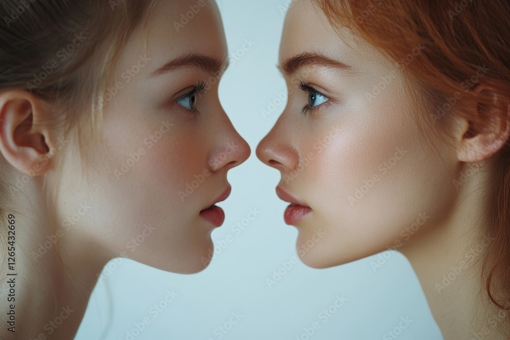 Plastic surgery and beauty concept. Profile shot of woman consulting before rhinoplasty operation, surgeon touching woman nose, white background, side, Generative AI Plastic surgery and beauty concept. Profile shot of woman consulting before rhinoplasty operation, surgeon touching woman nose, white background, side, Generative AI