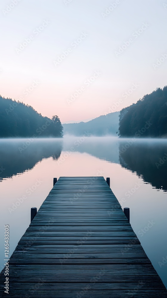 Serene Lake Scene with Wooden Pier Leading into Misty Waters at Dawn Peaceful Nature Serene Lake Scene with Wooden Pier Leading into Misty Waters at Dawn Peaceful Nature