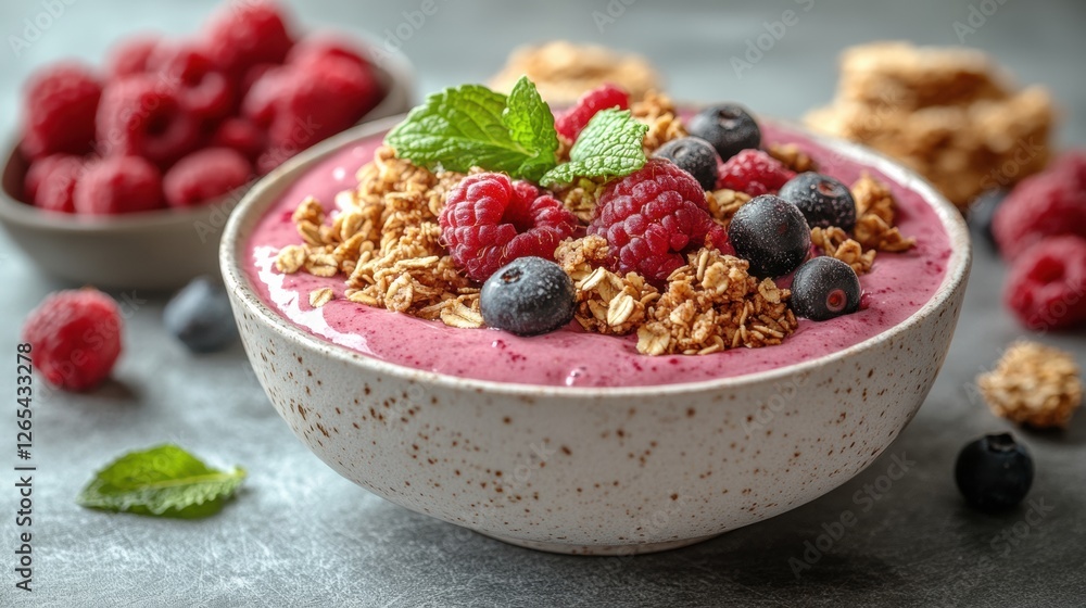 A bowl of pink smoothie with fruit and granola, on a light grey background, with some honey next to it. Professional food photography, studio lighting A bowl of pink smoothie with fruit and granola, on a light grey background, with some honey next to it. Professional food photography, studio lighting