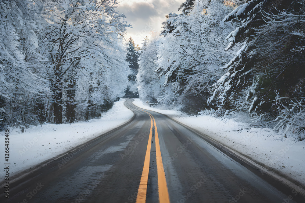 A snowy road winding through a dense winter forest A snowy road winding through a dense winter forest
