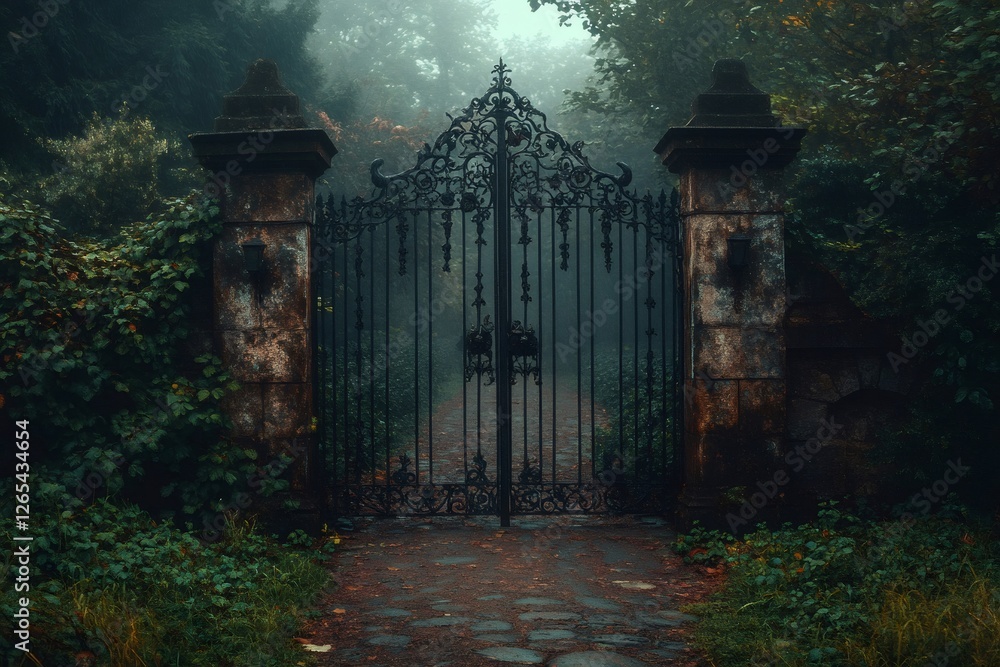 Obraz premium Wrought iron gate leading to mysterious foggy forest path
