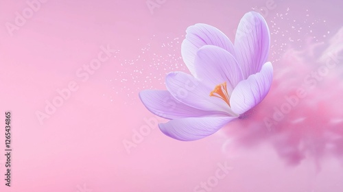 Blooming purple crocus flower against soft pink background. Spring awakening concept with copy space.