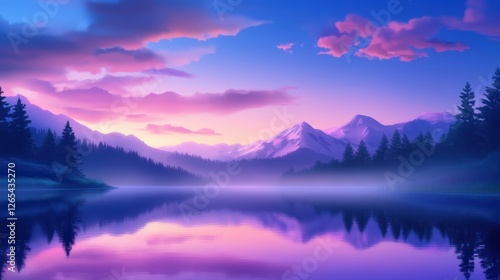 Wallpaper Mural A serene lake reflects the vibrant hues of twilight, surrounded by majestic mountains and lush forests. This tranquil scene captures the essence of nature's beauty and peace. Torontodigital.ca