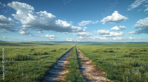 Endless rural dirt road cutting through a green field under a blue sky