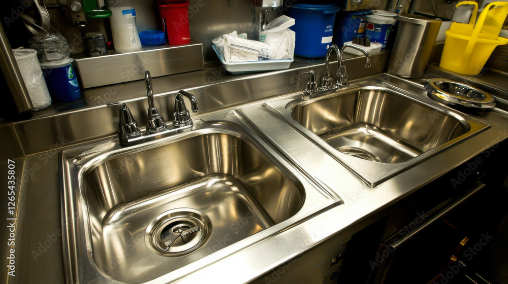 Stainless steel double sink setup in a commercial kitchen environment during busy lunch hours Stainless steel double sink setup in a commercial kitchen environment during busy lunch hours