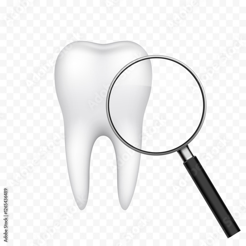 Human tooth close up under magnifying glass. Isolated on transparent background. Vector illustration