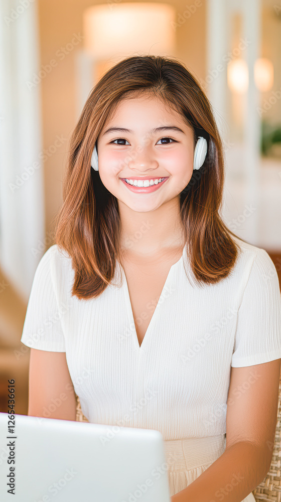 Bright home office portrait young woman working on laptop with headphones Bright home office portrait young woman working on laptop with headphones