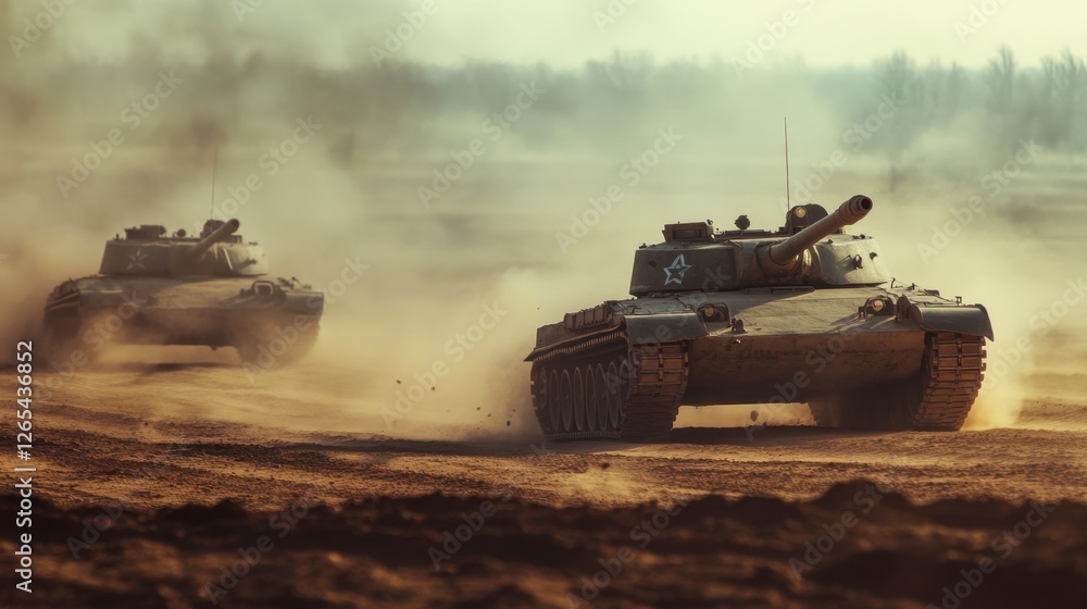 Historical Tanks Maneuvering on Dusty Battlefield, Military Action Historical Tanks Maneuvering on Dusty Battlefield, Military Action
