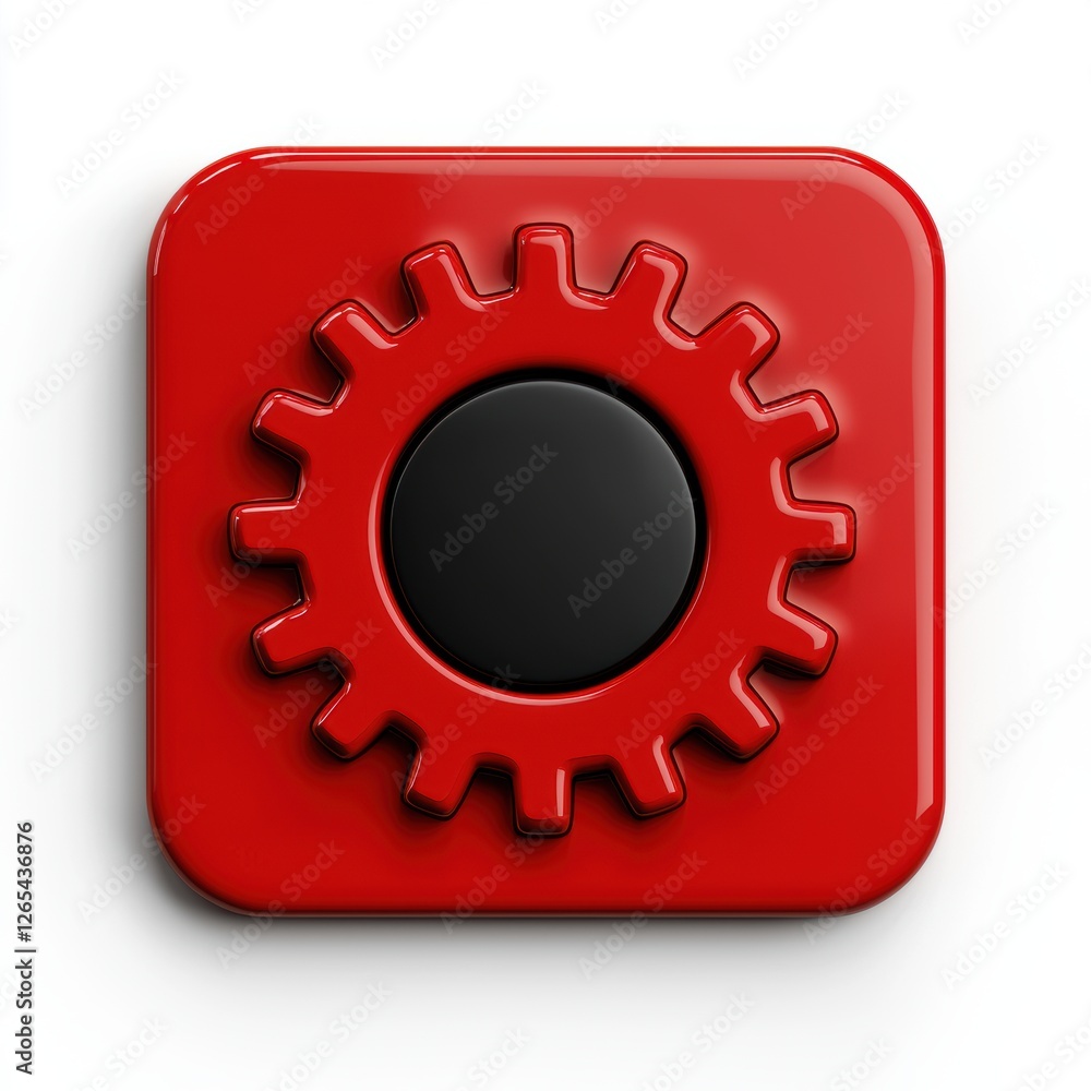 Red gear icon with glossy finish on square background, isolated on white. Represents settings or configuration Red gear icon with glossy finish on square background, isolated on white. Represents settings or configuration