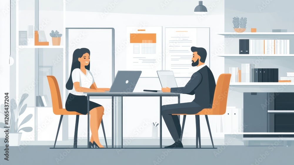 Smiling business colleagues meeting at office desk with laptops Smiling business colleagues meeting at office desk with laptops