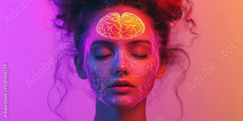 Visualization of cognitive processes with neon brain illustration on a serene face against a vibrant colored background