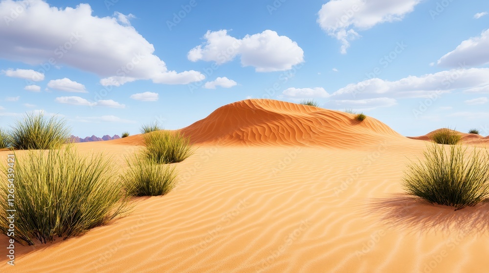 Serene Desert Landscape with Rolling Dunes and Bright Blue Sky Serene Desert Landscape with Rolling Dunes and Bright Blue Sky