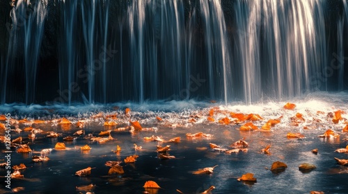 Autumn Waterfall Leaves float on still pool below cascading water