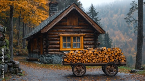 Autumn log cabin with firewood cart in misty forest photo