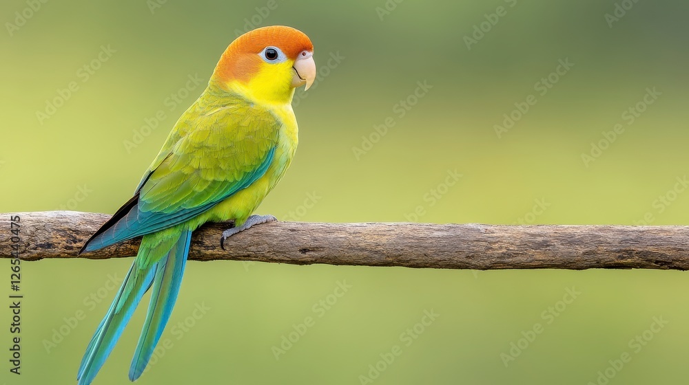 Colorful Parrot Perched on a Branch Against a Soft Green Background Colorful Parrot Perched on a Branch Against a Soft Green Background