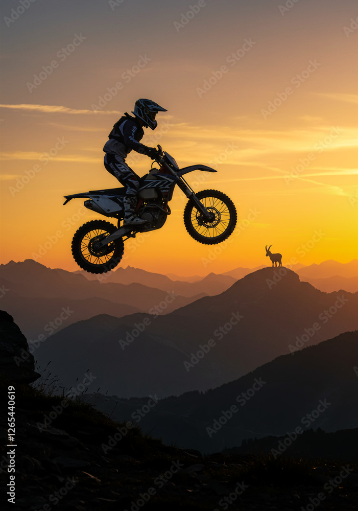 Silhouette of a motocross rider jumping over a mountain ridge at sunset, with a mountain goat visible in the distance. Silhouette of a motocross rider jumping over a mountain ridge at sunset, with a mountain goat visible in the distance.