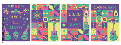 Cinco de mayo flyers, banners. Cinco de mayo items in simple geometric shapes, geometry minimalistic style for card, invitation, poster, flyer, web design