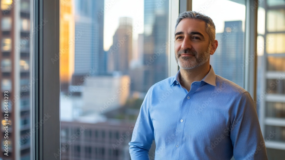 CEO standing in a high-rise office, looking out the window with a thoughtful expression, city skyline in the background CEO standing in a high-rise office, looking out the window with a thoughtful expression, city skyline in the background
