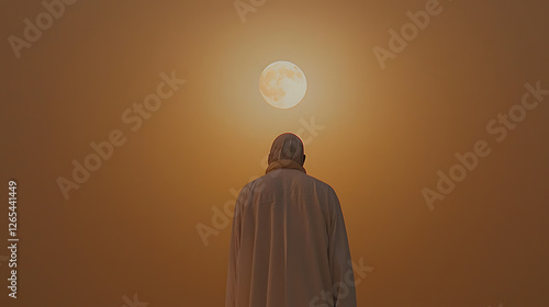 Mystical figure in a desert landscape gazing at the moon. Warm hues create a sense of serenity and solitude in this surreal scene. photo