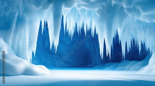 A captivating icy cave showcasing stunning blue ice formations and stalactites, illuminated by soft light. This serene winter landscape invites exploration and wonder.
