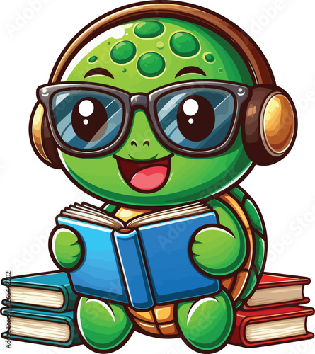 Playful Turtle Reading – Cute Cartoon Vector Art for Kids’ Books, Education, and Digital Use. photo