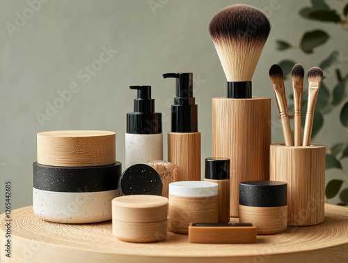 Wallpaper Mural High end zero waste beauty product display featuring eco friendly containers, brushes, and skincare items arranged aesthetically on wooden surface Torontodigital.ca