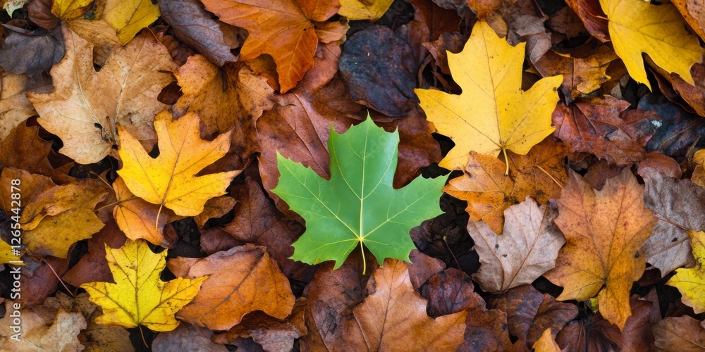 Fototapeta premium Fallen autumn leaves in shades of yellow and brown with a single fresh green leaf standing out. Seasonal nature background