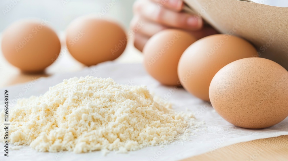 Baking ingredients, flour and eggs, kitchen prep Baking ingredients, flour and eggs, kitchen prep