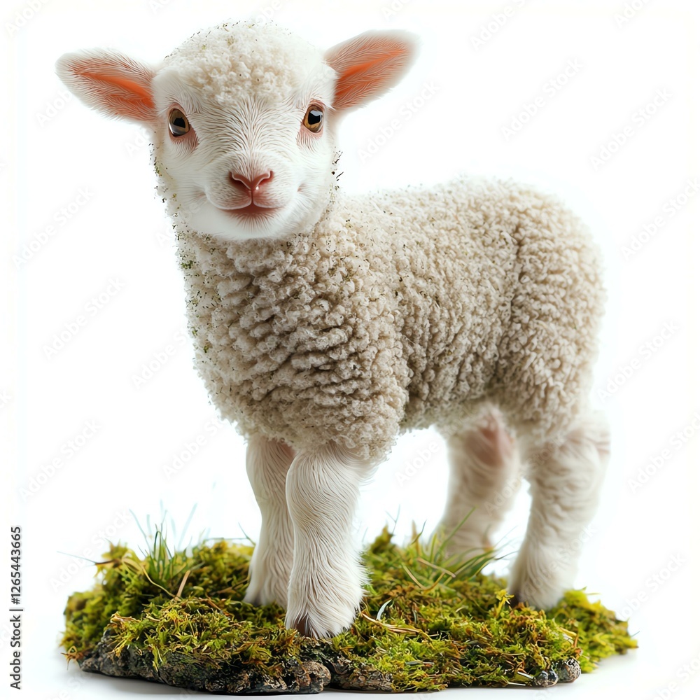 Obraz premium A cute lamb standing on soft green moss, radiating innocence and charm in a tranquil setting.