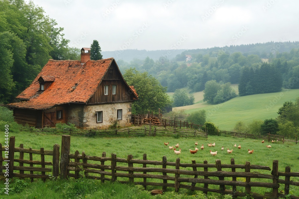 Chickens roaming freely on idyllic farm with rustic farmhouse in the background Chickens roaming freely on idyllic farm with rustic farmhouse in the background