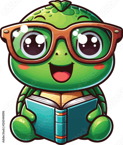 Happy Turtle Reading a Book – Cute and Colorful Cartoon Vector for Children’s Art and Merchandise. photo