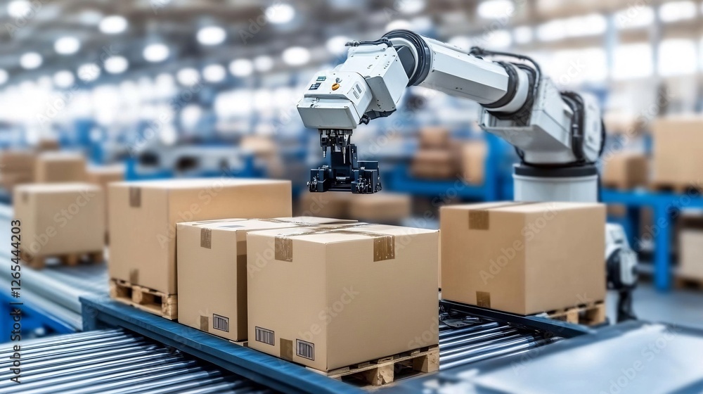Automated Warehouse Robotic Arm Precisely Places Cardboard Boxes. AI Generated Automated Warehouse Robotic Arm Precisely Places Cardboard Boxes. AI Generated