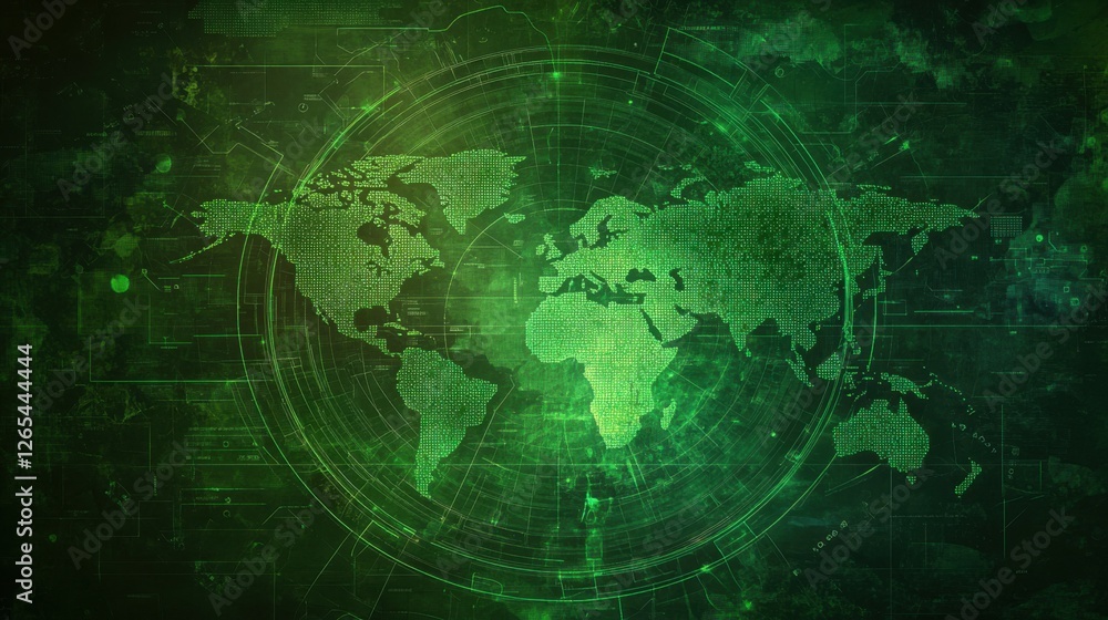 Naklejka premium Green Radar Abstract Circle Background with World Map for Defense Concept