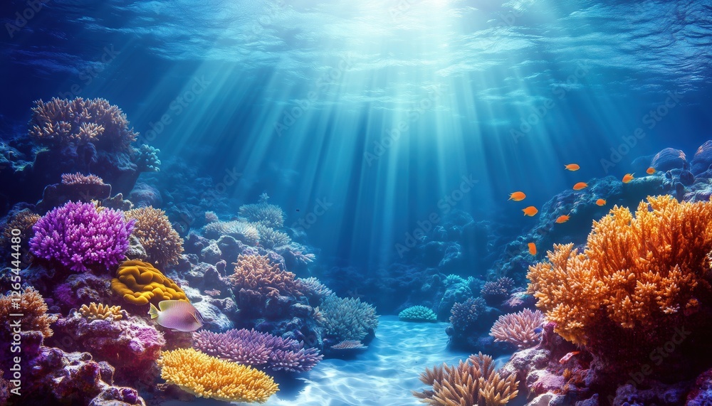 Fototapeta premium Stunning Underwater Cave Sandscape Featuring Sunbeams And Vibrant Marine Life In The Red Sea, Egypt. Coral Reefs Abound In This Subaquatic Paradise.