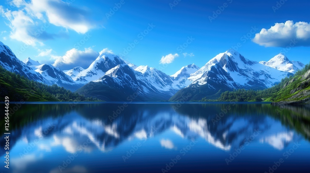 Serene mountain landscape with snow-capped peaks reflecting in clear blue water, surrounded by lush greenery under a bright blue sky with fluffy clouds. Serene mountain landscape with snow-capped peaks reflecting in clear blue water, surrounded by lush greenery under a bright blue sky with fluffy clouds.
