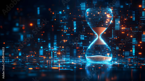Glowing Hourglass In Futuristic Digital Cityscape