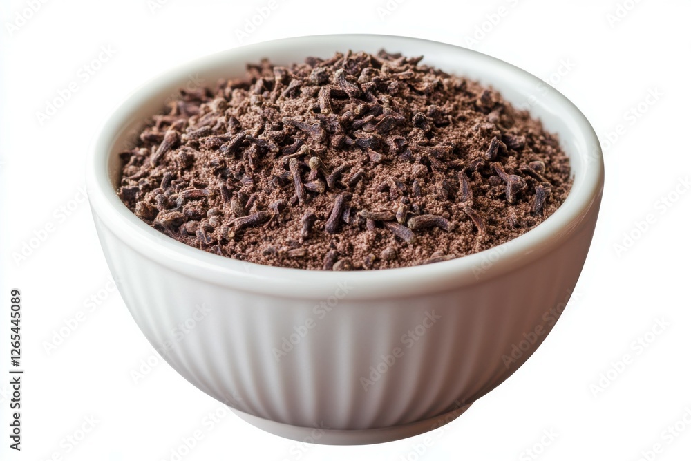 Ground Clove. White Ceramic Bowl of Whole Cloves in Isolation on White Background Ground Clove. White Ceramic Bowl of Whole Cloves in Isolation on White Background