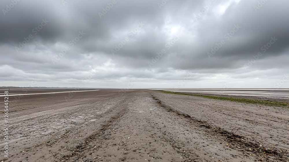 Fototapeta premium Vast Mudflats Under Moody Cloudy Sky at Low Tide