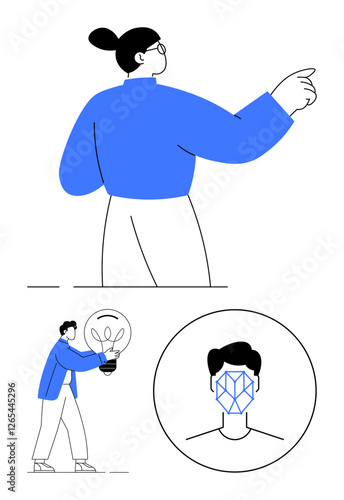Person gestures forward, another presents lightbulb as innovation, abstract geometric face icon highlights AI or identity theme. Ideal for teamwork, AI, leadership, creativity, innovation