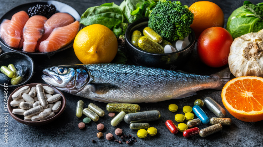 Fresh ingredients display showcasing salmon, vegetables, and supplements for healthy meal preparation Fresh ingredients display showcasing salmon, vegetables, and supplements for healthy meal preparation