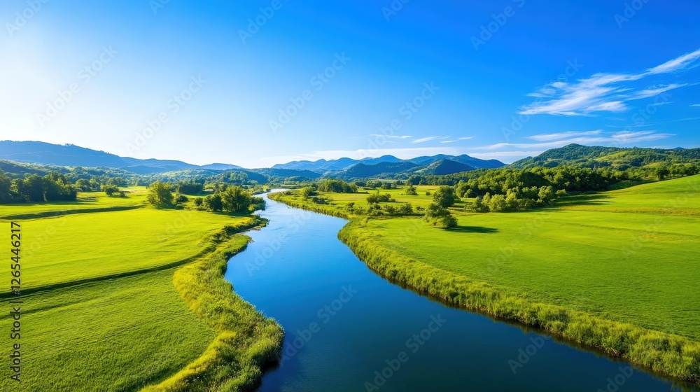 Obraz premium A stunning aerial view of a tranquil river meandering through lush green hills under a clear blue sky. The vibrant colors of nature create a serene and peaceful outdoor scene.