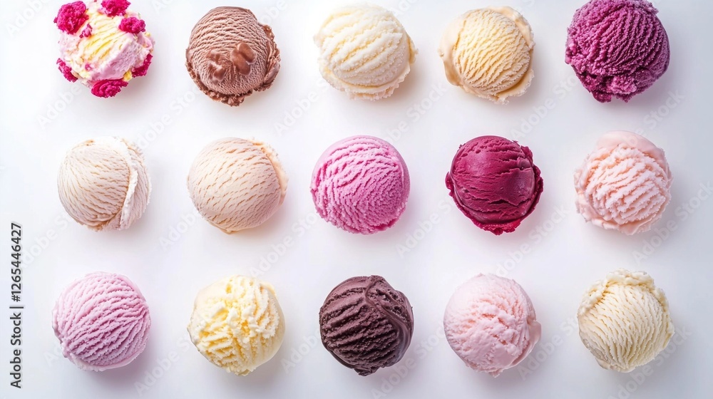 A delightful assortment of ice cream scoops in various colors and flavors spreads across a pristine white surface. Each scoop entices the senses with its creamy texture, perfect for warm days A delightful assortment of ice cream scoops in various colors and flavors spreads across a pristine white surface. Each scoop entices the senses with its creamy texture, perfect for warm days