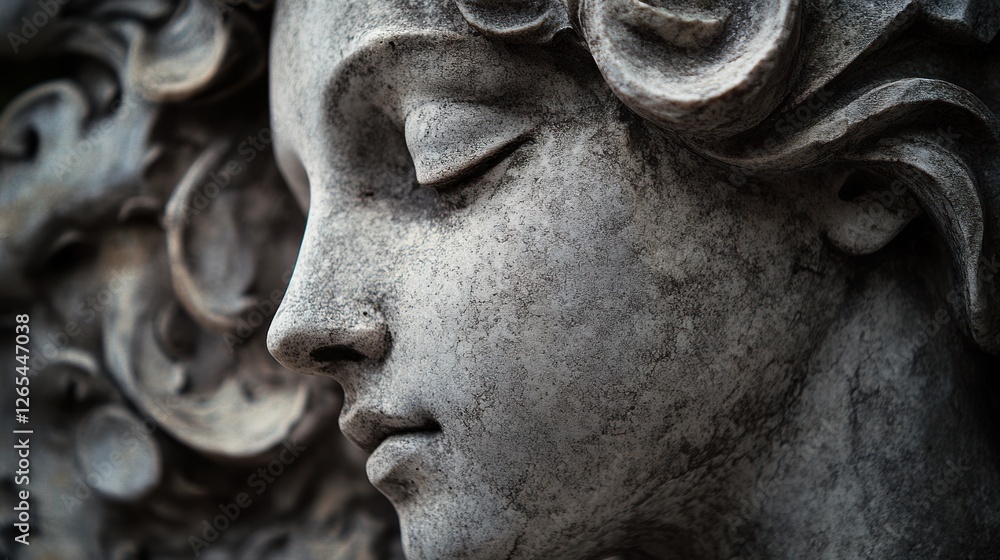 Close-up of a serene stone angel statue face, ornate background, detail Close-up of a serene stone angel statue face, ornate background, detail