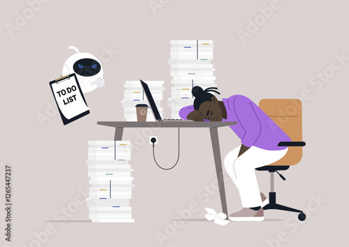 A frustrated robot hovers over a tired worker, surrounded by towering piles of documents, The employee rests head on desk, overwhelmed by the tasks outlined on a clipboard